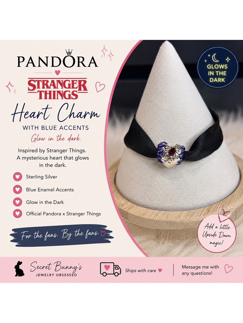 Pandora Stranger Things Heart Charm with Blue Accents - Glow in the dark